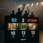 Fotorealistyczne ujęcie sceny esportowej: G2 pokonuje BetBoom 2:1; tablica z mapami i wynikami —