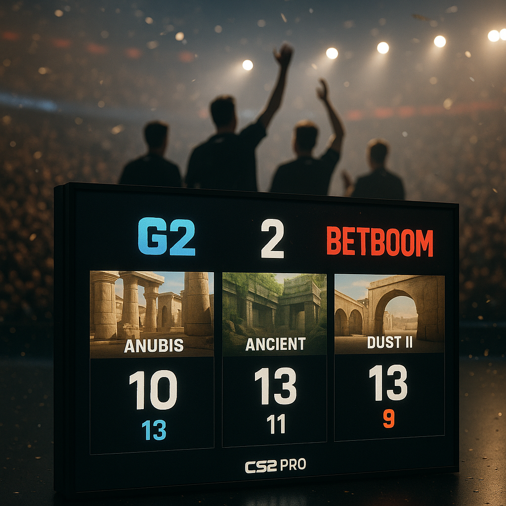 Fotorealistyczne ujęcie sceny esportowej: G2 pokonuje BetBoom 2:1; tablica z mapami i wynikami —