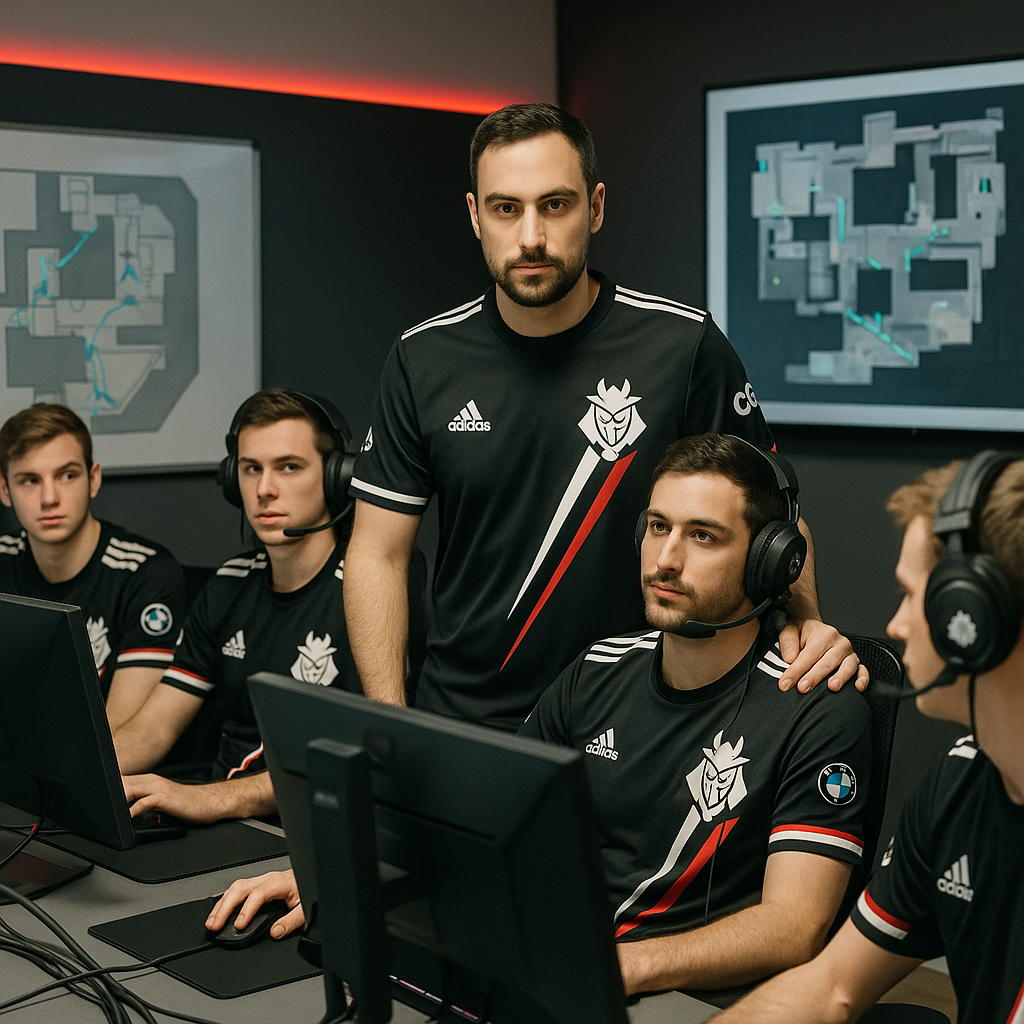 Backstage photo of G2 coach NertZ reassuring a player with a hand on his